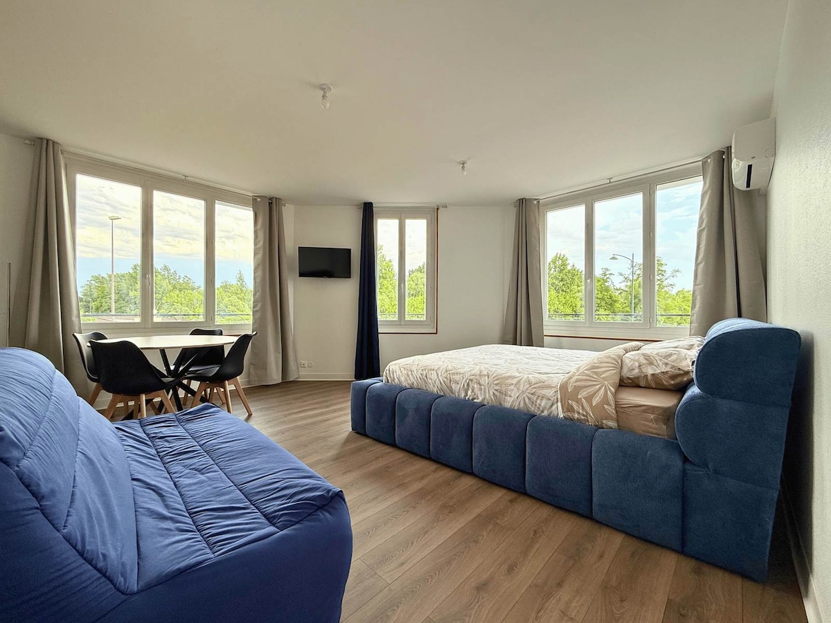 This bright studio features large windows that provide views of the surrounding countryside. A spacious bed is paired with a blue convertible sofa, while a modern dining table with matching chairs occupies one corner of the room. A wall-mounted television is also visible.