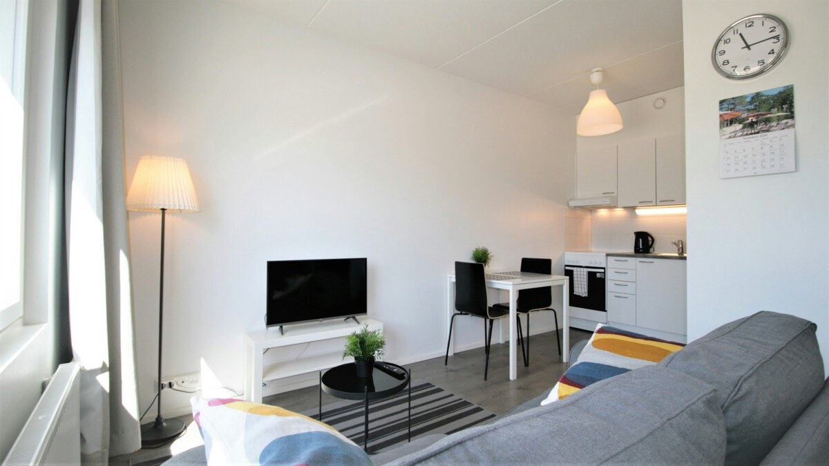 A modern living area includes a comfortable sofa, flat-screen TV, and a small dining table with four chairs. Light-colored walls enhance the bright ambiance, while a softly glowing floor lamp adds illumination. The kitchenette features essential appliances, offering convenience for meal preparation.