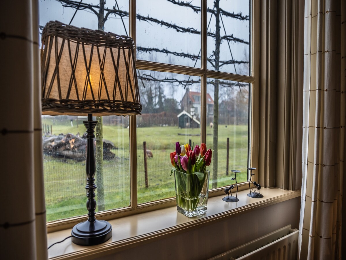 A window view showcases a lush green landscape with grazing animals in the distance. A bouquet of colorful tulips in a glass vase sits on the windowsill, accompanied by a decorative lamp, creating a serene and inviting ambiance.
