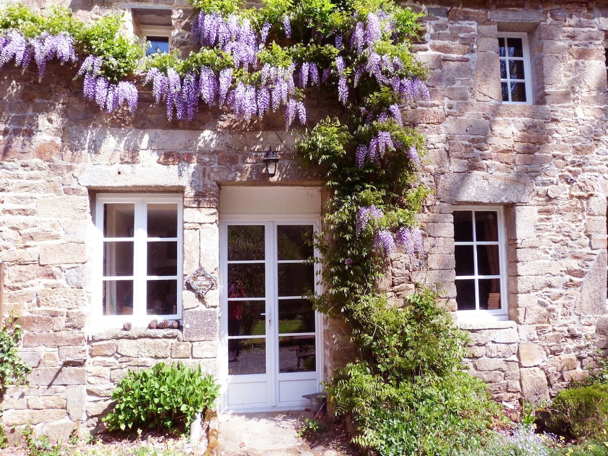 The exterior of the cottage is adorned with clusters of blooming wisteria, cascading from the building. Features include white-framed windows set into stone walls, with a welcoming entrance that adds to the charm of the setting. Lush greenery surrounds the base of the structure.