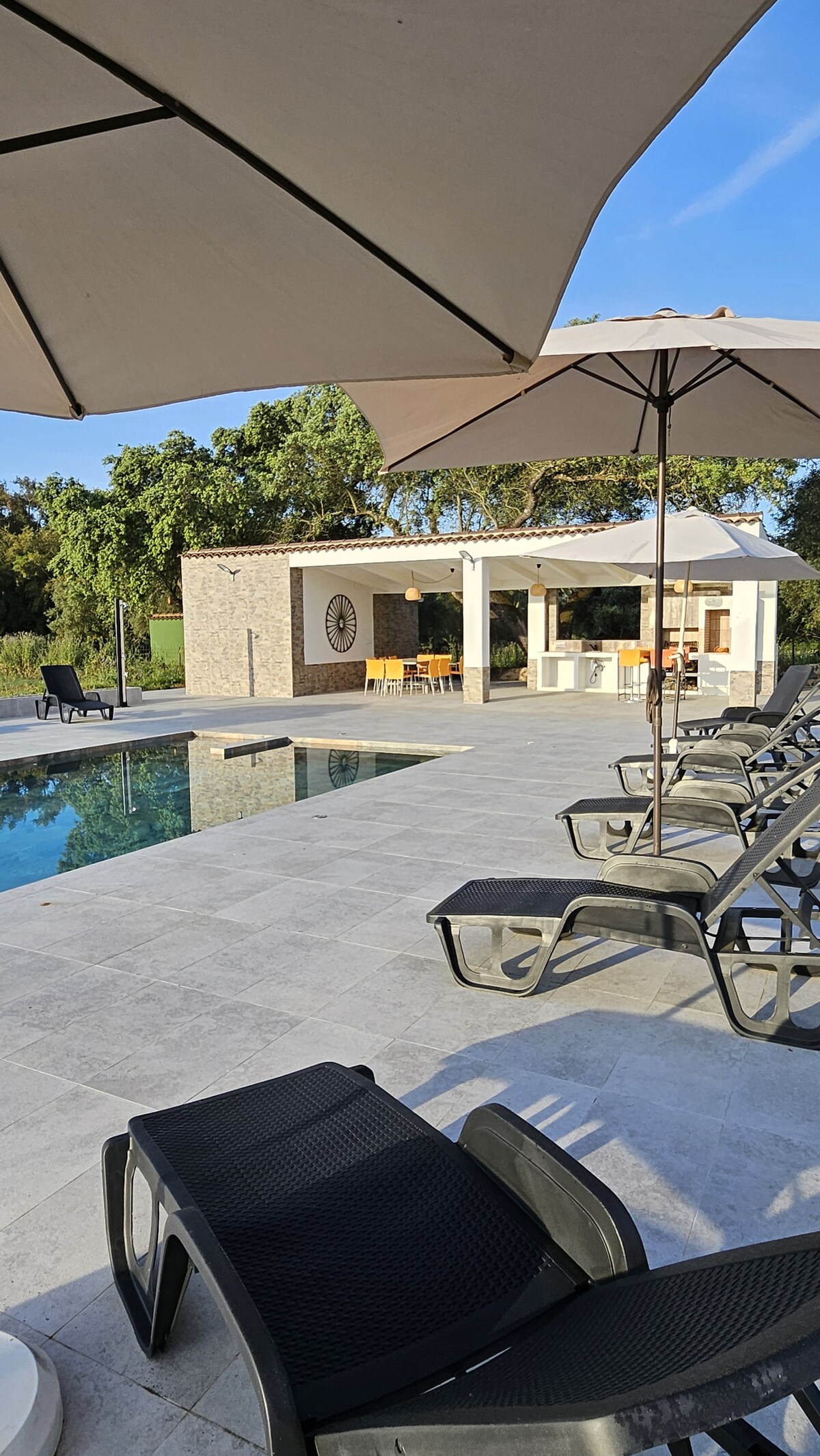 A swimming pool is framed by lounge chairs and shaded by large umbrellas. In the background, a pavilion with outdoor dining furniture and a barbecue area is visible. The area is surrounded by greenery, enhancing the tranquil outdoor atmosphere.