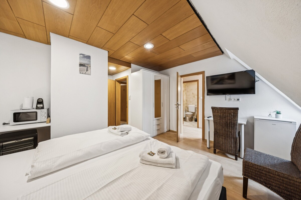 חדר מרווח עם מיטה זוגית, טלוויזיה, שולחן עבודה ומזווה עם מיקרוגל וקומקום; מלתחה וגישה לחדר הרחצה משלימים את המתקנים.

