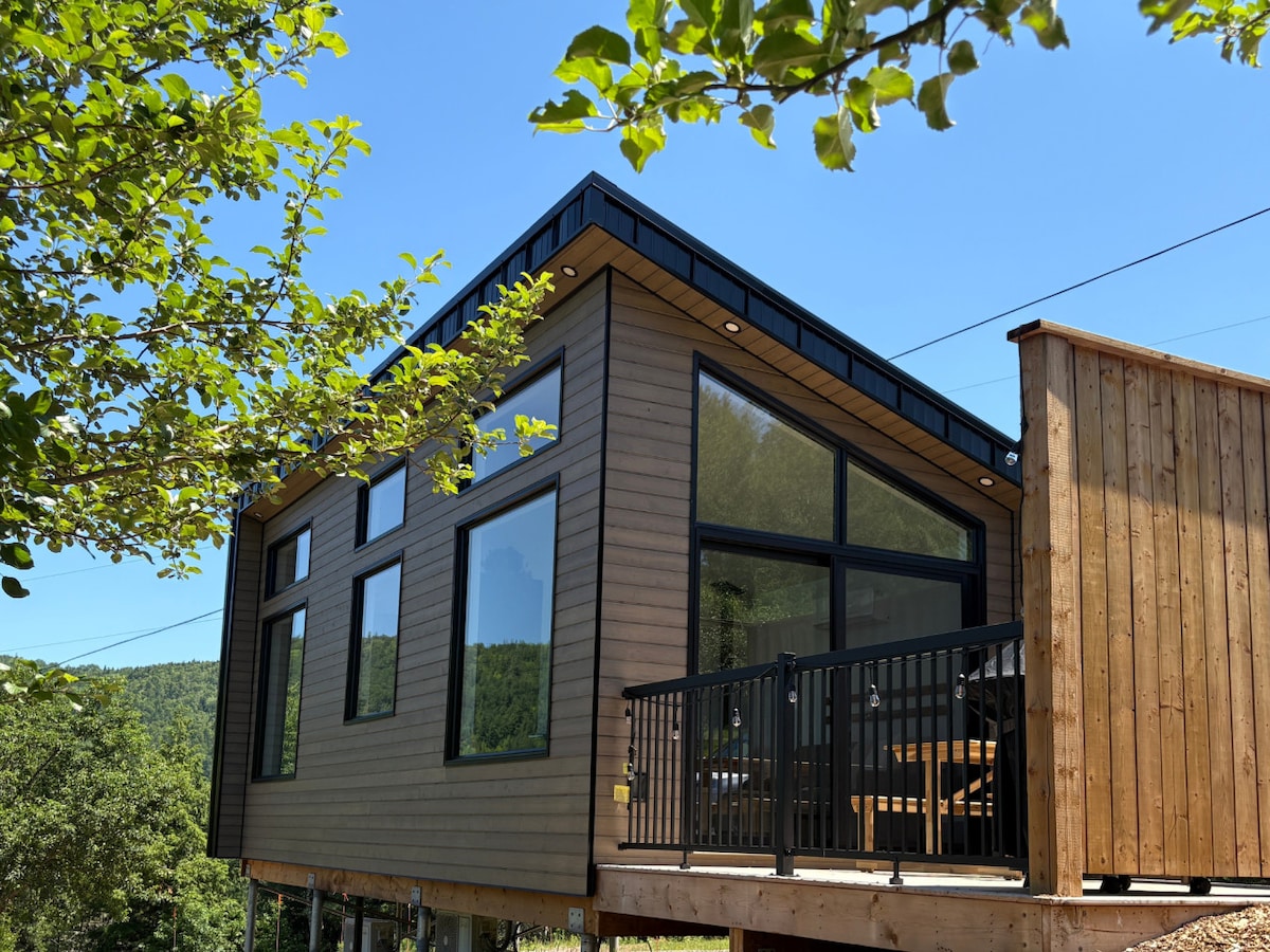 The modern cabin exterior is characterized by large windows that offer views of the surrounding landscape. A deck with black railings is visible, providing outdoor seating. The structure is elevated and features a mix of wood siding and a sleek roof design.
