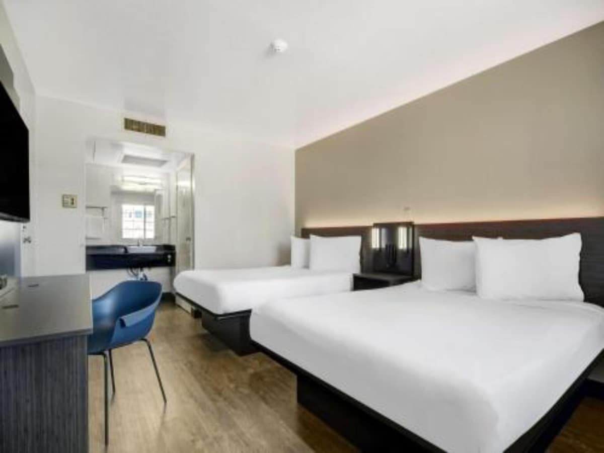 A well-lit room features two queen beds with crisp white linens and subdued wooden accents. A television is positioned across from the beds, and a desk chair sits by a modern desk. An en suite bathroom is partially visible in the background.