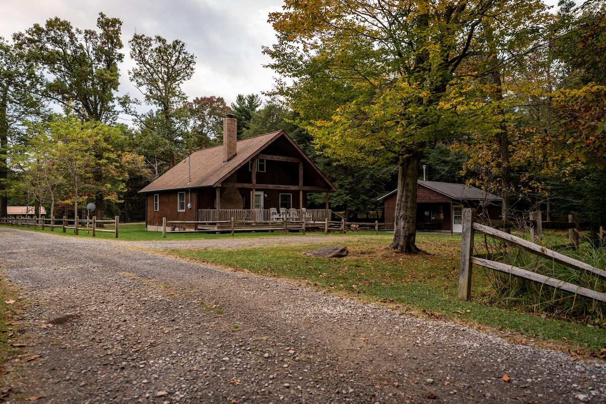 A rustic cabin with a brown exterior is set back from a gravel pathway. Surrounding trees display autumn foliage, contributing to a tranquil environment. A wrap-around deck features several chairs, while a separate smaller cabin is visible in the background.