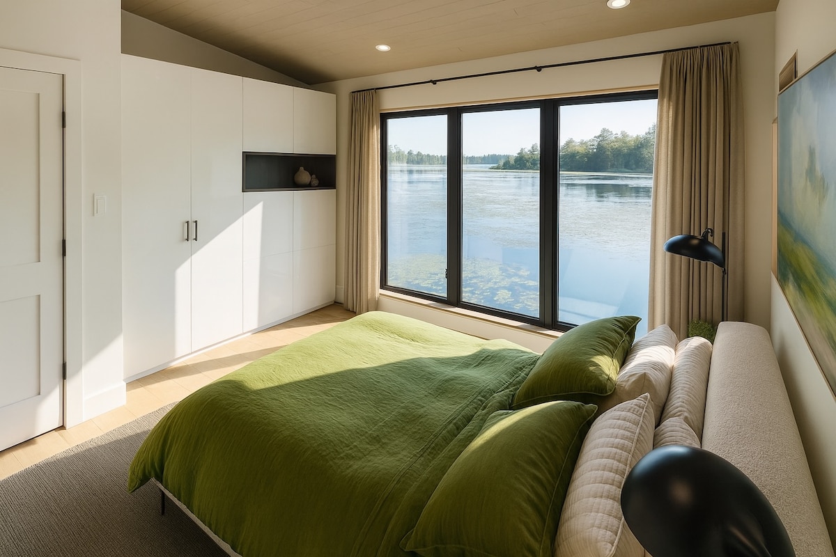 Bedroom with sliding glass windows opening to lake views, featuring a plush queen bed and feather duvet.