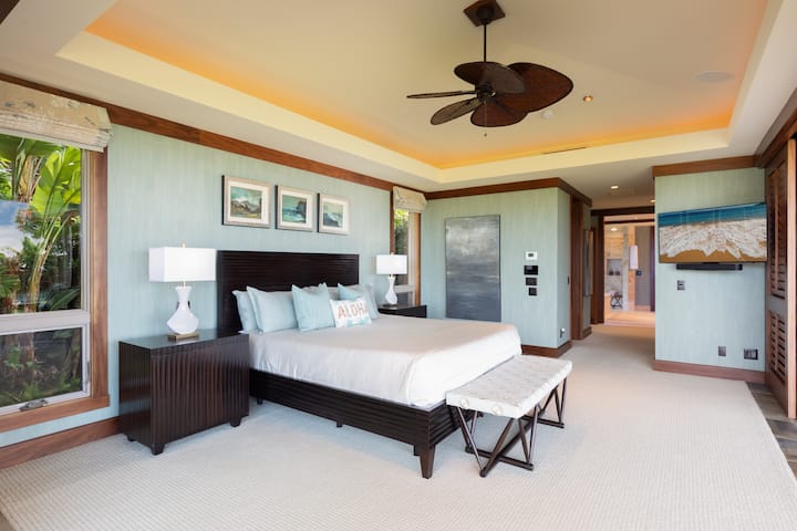 Vista inversa de la elegante suite principal que conduce al baño privado.