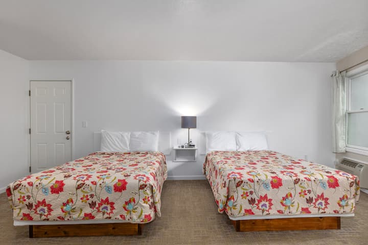 Ground level. Two double beds with a walk out slider. 