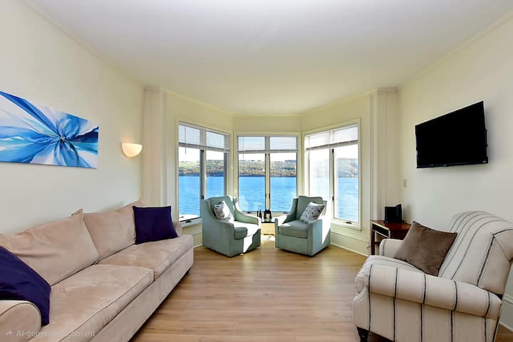 ห้องนั่งเล่นมีเตียงโซฟาควีนไซส์ สมาร์ททีวีโรคุ หน้าต่างบายขนาดใหญ่ที่หันหน้าไปทางทะเลสาบเซเนกา