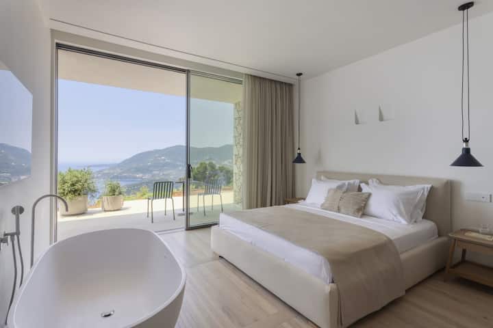 The main bedroom, a double with sea-views and an in-room tub. (Bedroom 1)