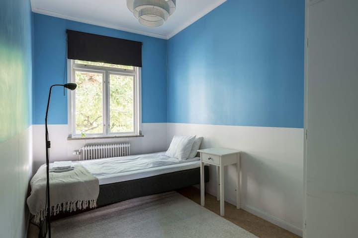 Dhoma e gjumit nr. 3 me krevat 90 cm dhe një mur të bukur blu shumëngjyrësh.