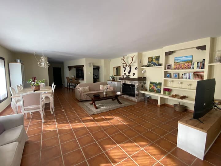 Salle spacieuse et lumineuse avec cheminée