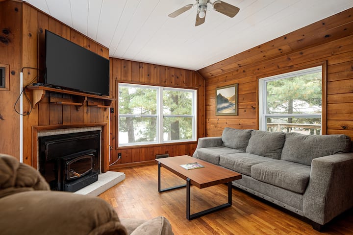 მხურვალე მისაღები ოთახი ხის პანელებით, რბილი ავეჯით, ბუხრითა და ტელევიზორით კინოს საყურებლად.