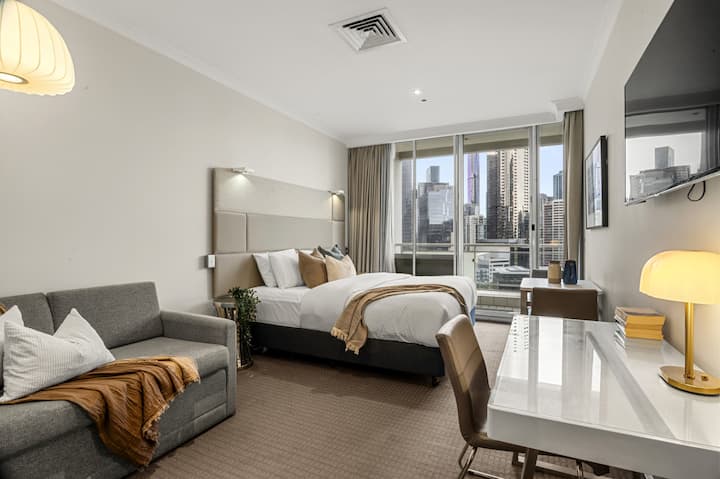 Your amazing open plan living space, equipped with an extremely comfortable king size bed.