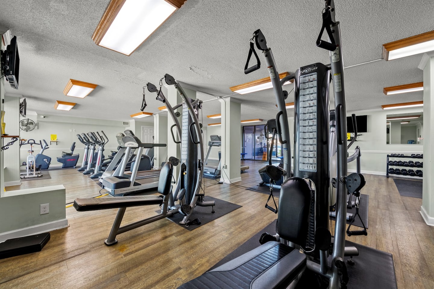 The building's shared fitness center equipment