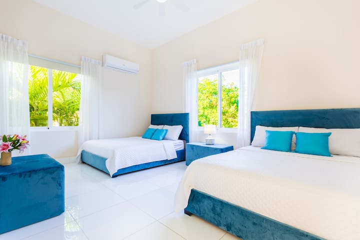 Dormitor de oaspeți cu două paturi de o persoană, cu lumină naturală blândă.