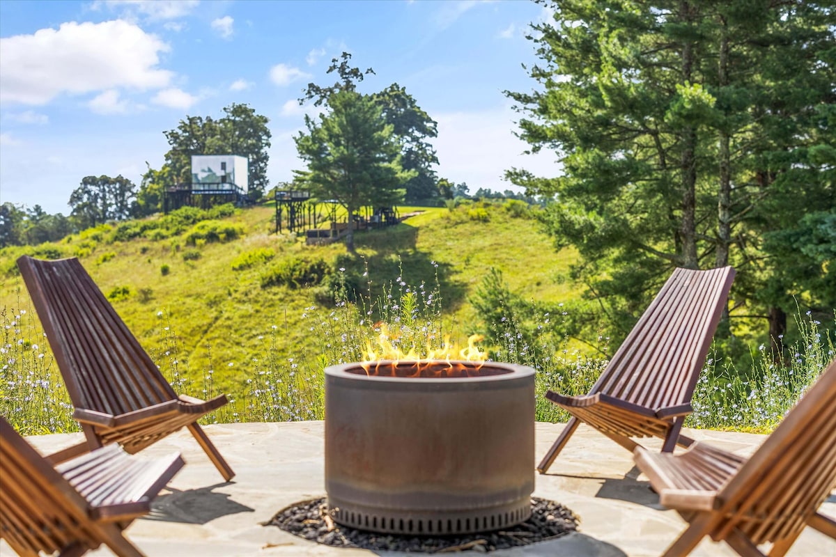 Fire pit with rolling Blue Ridge hills