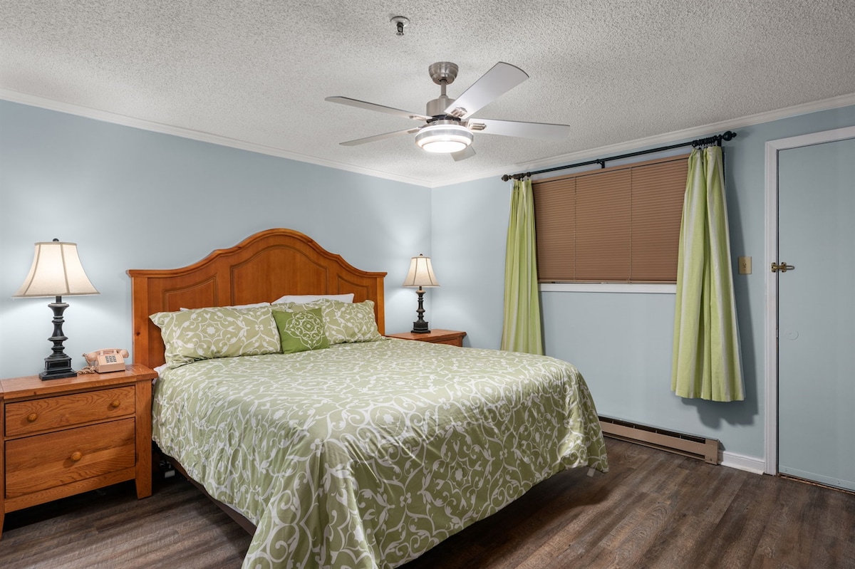 Chumba kikuu cha kulala chenye kitanda cha Mfalme na bafu lililoambatishwa.