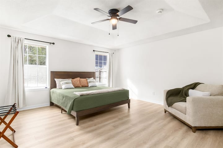 King Primary Suite with Private Wing | Ceiling Fan & Natural Light | Spa Bathroom Ensuite
