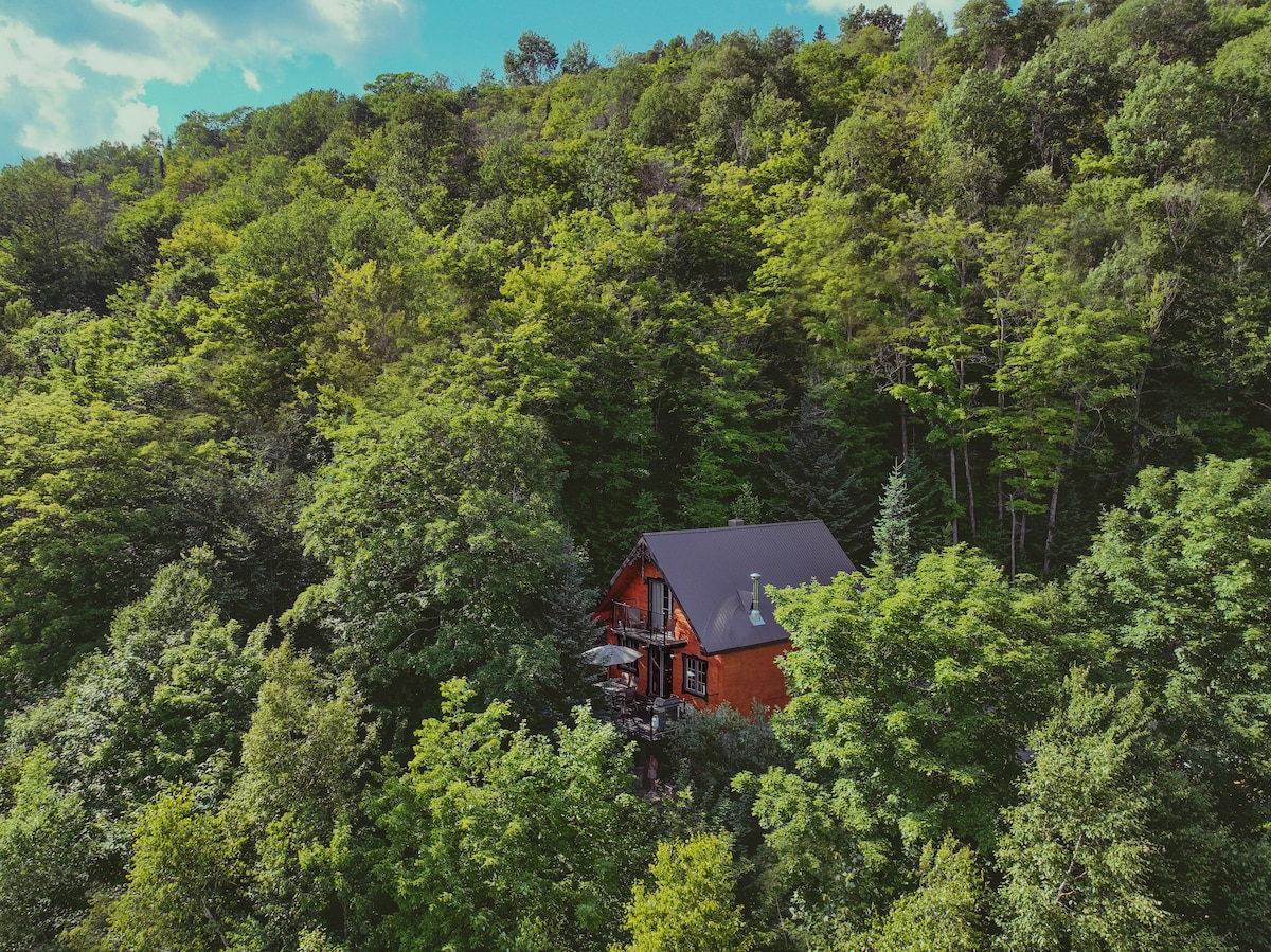 A chalet nestled among lush green trees stands amidst the natural landscape. The earthy tones of the chalet's exterior are complemented by the surrounding foliage, creating a serene and secluded atmosphere. The sloped roof and balcony hint at inviting outdoor spaces.