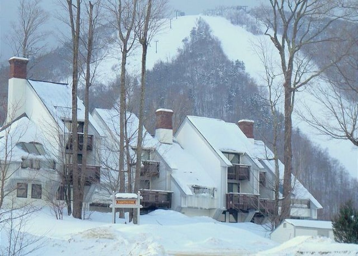A peaceful winter scene showcases the townhome community, surrounded by snow-covered terrain. Distant ski slopes are visible in the background, while tall trees frame the building, highlighting its cozy balconies. The location emphasizes accessibility to winter activities.