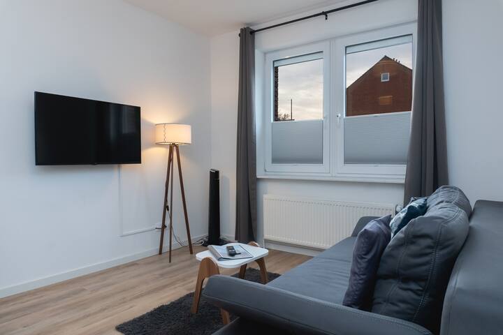 Acogedora sala de estar en un departamento de Wilhelmshaven, Baja Sajonia: sofá cama gris, TV inteligente en la pared, lámpara de pie y mesa de centro, ubicación tranquila, ideal para una noche de relax después de hacer turismo y visitar el puerto.