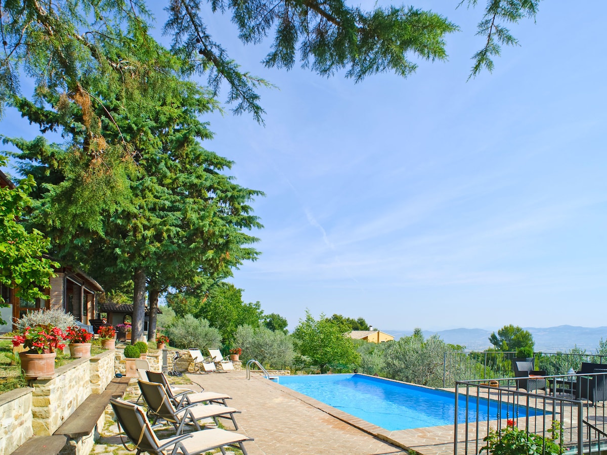 The outdoor area features a refreshing swimming pool surrounded by lounge chairs. Lush greenery frames the space, while potted plants are positioned along the edge. The serene landscape offers a view of rolling hills and blue skies, creating a peaceful atmosphere.