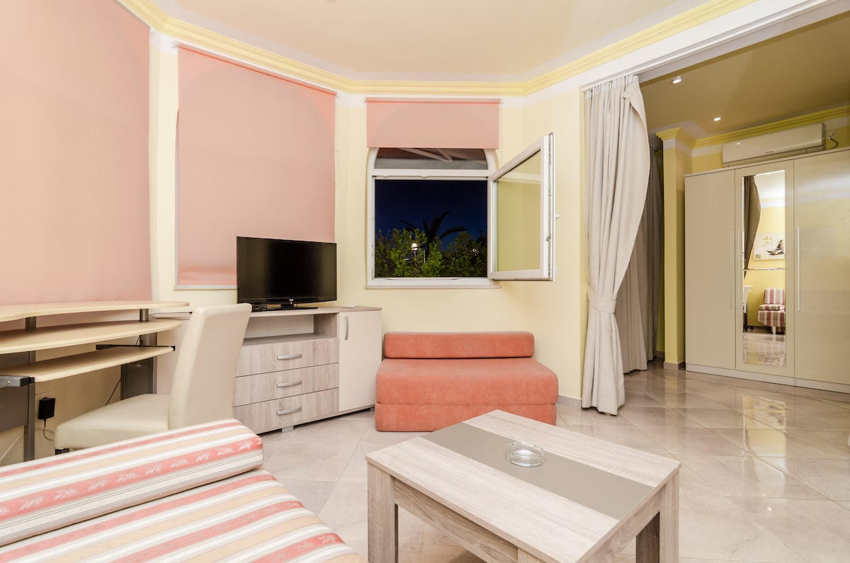 A comfortable seating area features a coral-colored convertible sofa and striped lounge chair. A desk with a chair is positioned next to a window, providing natural light. A television is mounted on a light wooden cabinet, and a mirrored wardrobe can be seen in the background.