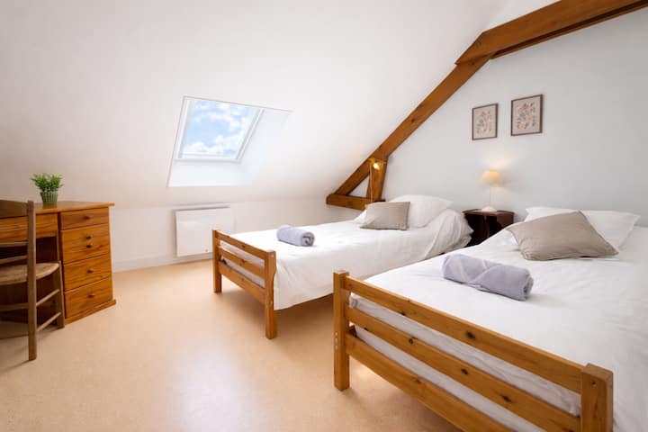 Habitación acogedora y luminosa bajo los tejados, con dos camas cómodas y un ambiente relajante. 
Las vigas a la vista y la luz natural crean un ambiente acogedor, ideal para una estadía relajante en familia o con amigos.