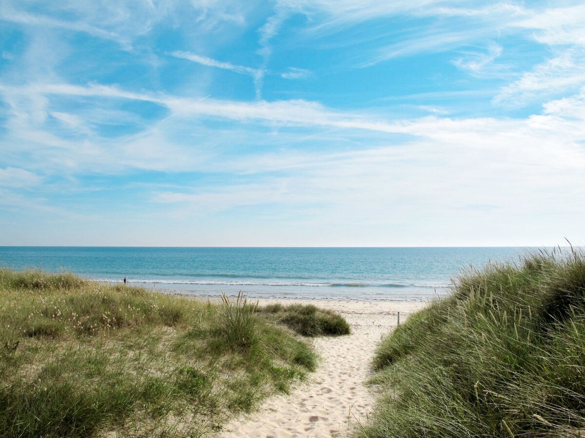 A sandy path through dune grass leads towards the calm blue sea. The horizon showcases the gentle meeting of sky and water, while fluffy clouds drift lazily across a bright sky, enhancing the serene coastal landscape.