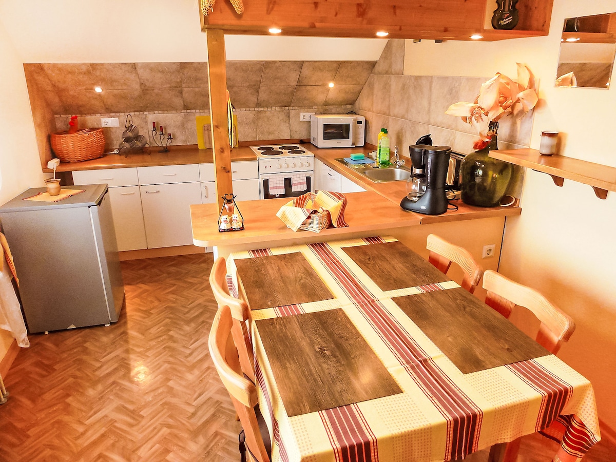 The open kitchen showcases modern appliances, including an oven, microwave, and coffee machine. A sturdy table with striped tablecloth is surrounded by wooden chairs. Natural light fills the space, highlighting the sloped ceiling and vibrant decor elements.