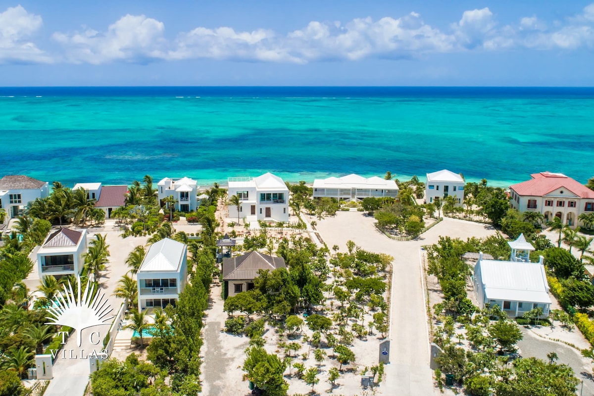 Aerial view showcasing the coastal property, featuring several white and light-colored villas set among tropical vegetation. The vibrant turquoise waters of the ocean are visible in the background, with a clear blue sky dotted with a few clouds.