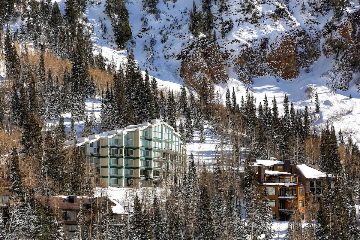 The View Condominiums is shown nestled amidst snow-covered trees and mountain terrain. Its modern design features large windows, reflecting a serene winter landscape, while nearby structures exhibit rustic charm, enhancing the overall alpine setting.