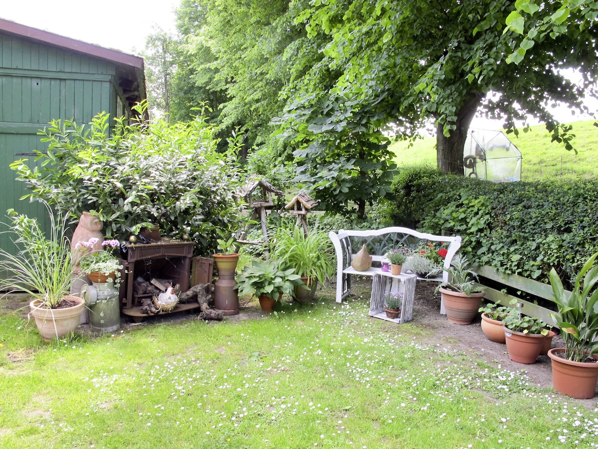 A serene garden area is featured, showcasing a variety of potted plants and greenery. A wooden bench and a white seating arrangement provide comfortable spots to relax. In the background, a wooden shed and bird feeders are visible, enhancing the natural setting.
