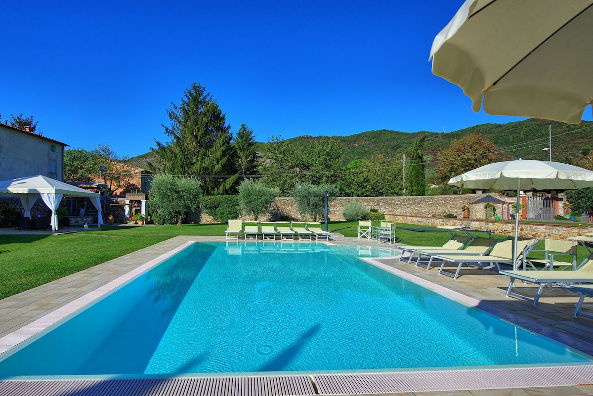 A shared swimming pool measuring 10 x 5 meters is visible, surrounded by a well-maintained lawn and lounge chairs. Umbrellas provide shaded areas, and the backdrop features green trees and hills, creating a peaceful outdoor setting.