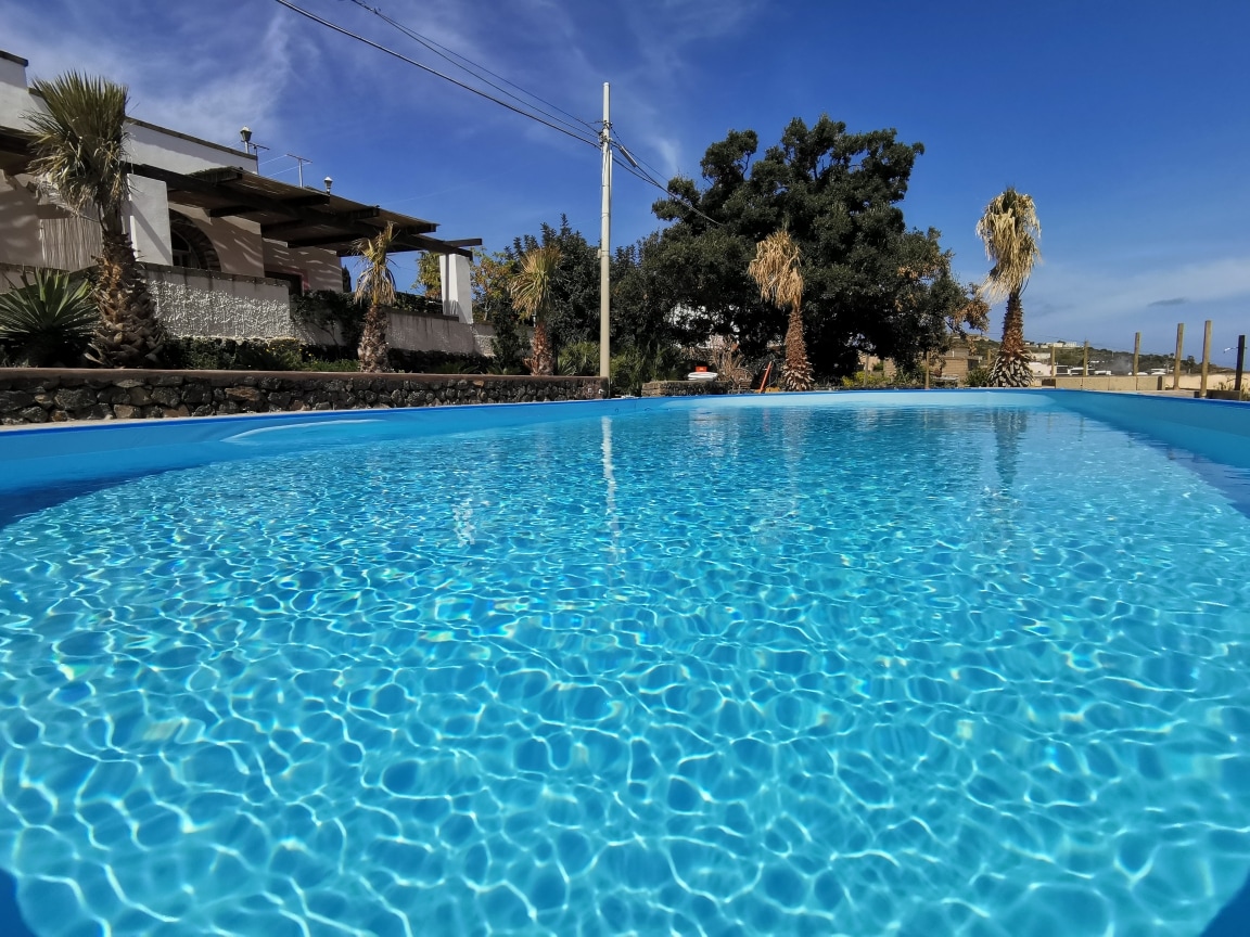 A clear and inviting swimming pool is featured, reflecting the blue sky and surrounded by palm trees and well-maintained landscaping. The spacious area around the pool allows for relaxation and leisure activities.