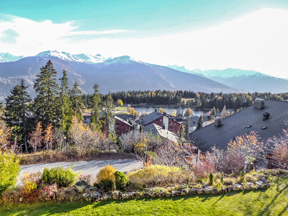 A scenic view of mountains, trees, and a lake is presented, showcasing a vibrant landscape. The foreground features well-maintained gardens and stone pathways, while the distant snow-capped mountains blend with the clear blue sky, indicating a serene and natural environment.