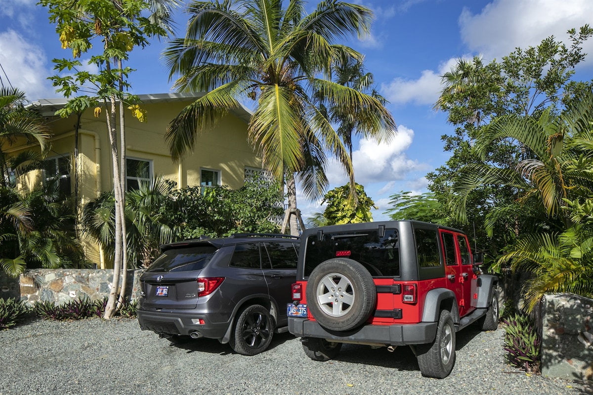 Two vehicles are parked on a gravel area, surrounded by lush green foliage and palm trees. The building's exterior displays a warm yellow hue, with a background of clear blue skies and scattered clouds.