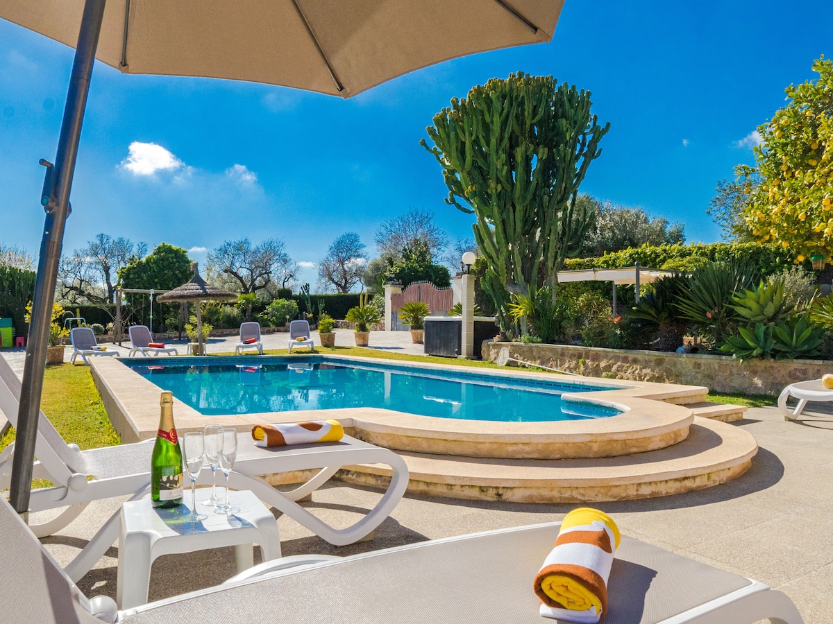 A refreshing swimming pool is surrounded by loungers and umbrellas, complemented by lush greenery and decorative plants. A small table holds glasses and a bottle of champagne, inviting relaxation. The sunny sky adds brightness to this spacious outdoor area.