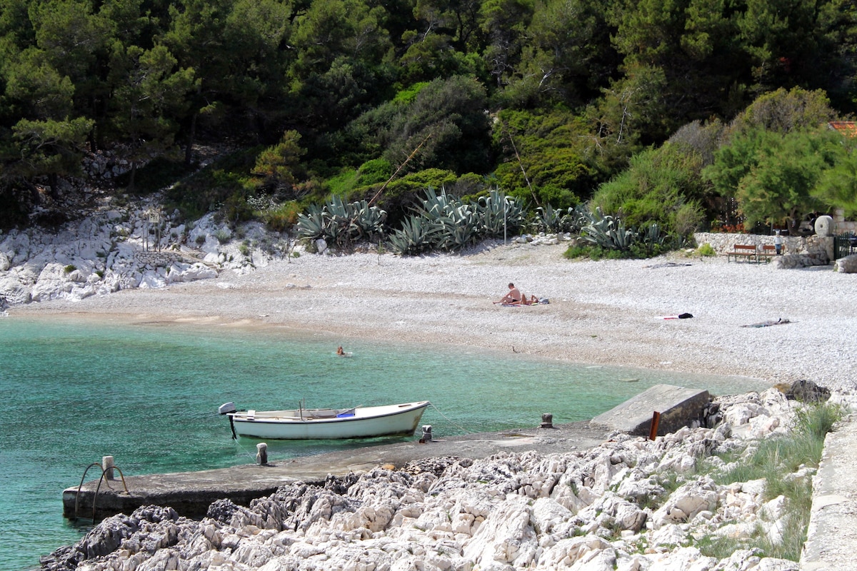 A peaceful pebble beach is shown, featuring clear turquoise waters lapping against the shore. A small boat is anchored nearby, while sunbathers relax on the smooth pebbles. Lush greenery can be seen in the background, providing a natural setting along the coastline.