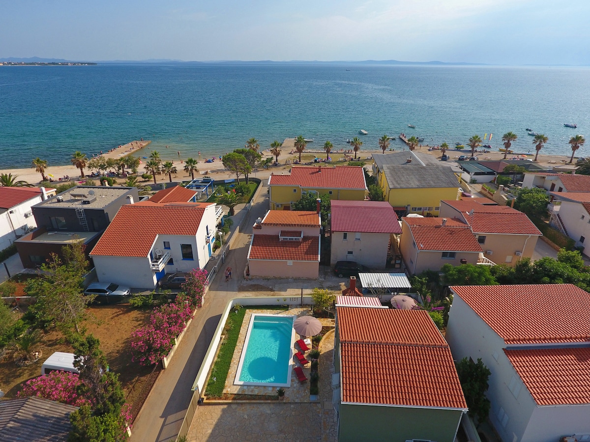 An aerial view captures the vibrant landscape featuring a large pool surrounded by sun loungers and the clear blue sea in the distance. The beach is lined with palm trees, while residential buildings with red rooftops create a charming coastal atmosphere.