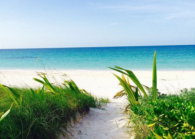 A sandy path is surrounded by lush green foliage, leading directly to a pristine beach with soft white sand. The ocean's vibrant turquoise waters stretch towards the horizon under a clear blue sky.