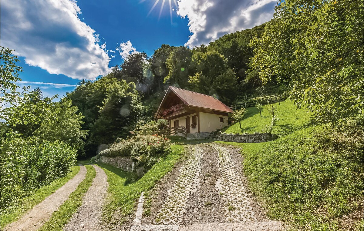 A charming cottage is situated on a grassy hillside, surrounded by lush trees. A gravel pathway leads to the entrance, and a clear blue sky is visible above, accentuated by scattered clouds and sunlight streaming through. The setting offers a sense of tranquility and connection to nature.