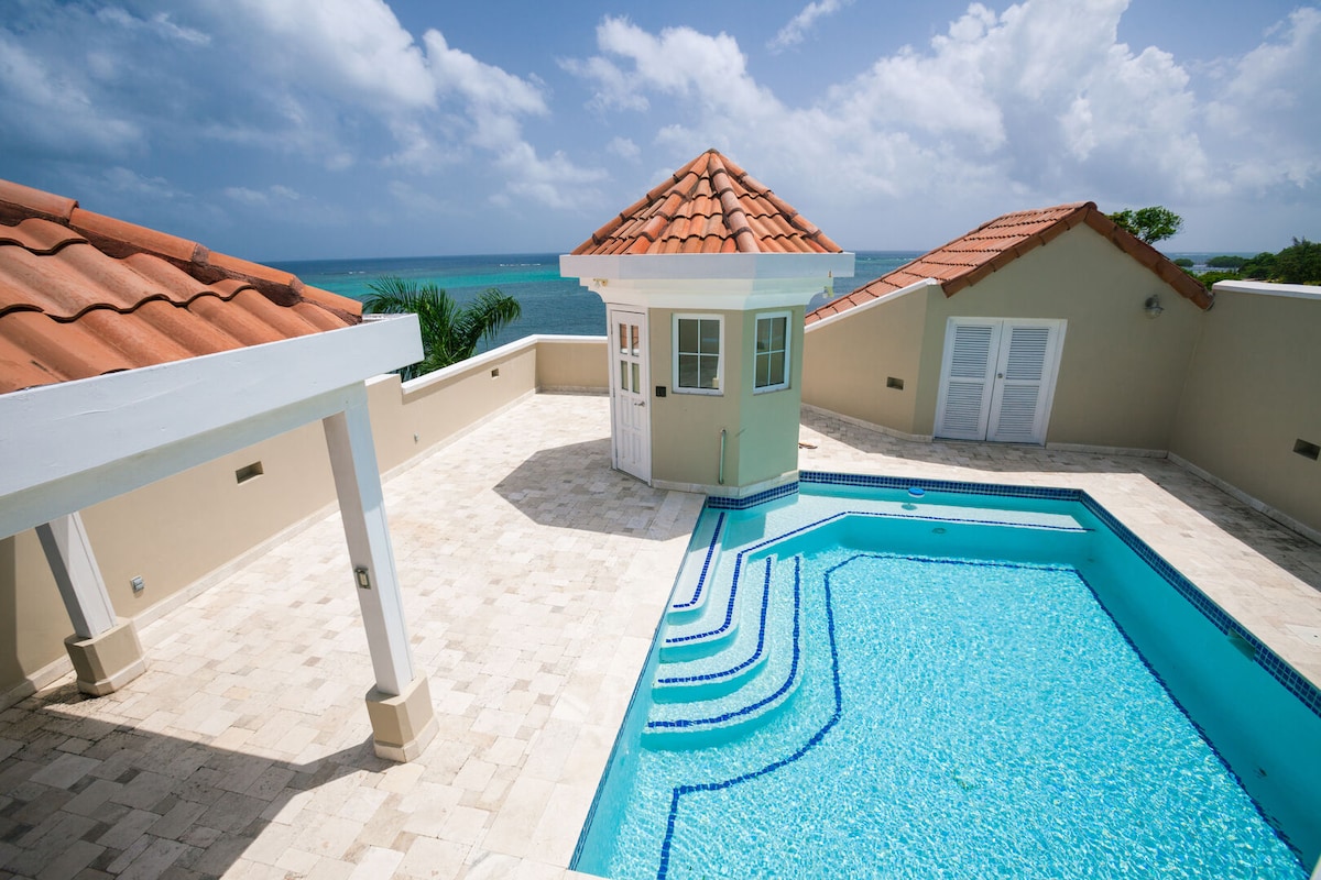 A private rooftop pool with a light blue surface reflects the sky. Surrounding the pool, a spacious patio is bordered by light-colored stone tiles. Tropical vegetation and the Caribbean sea create a picturesque backdrop, while the sun illuminates the area.