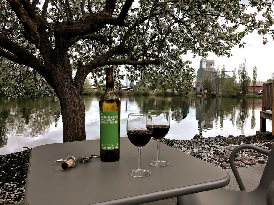 A small table is set near a serene pond, featuring a bottle of wine and two glasses filled with red wine. A lush, flowering tree provides shade, while the calm water reflects the surrounding greenery.