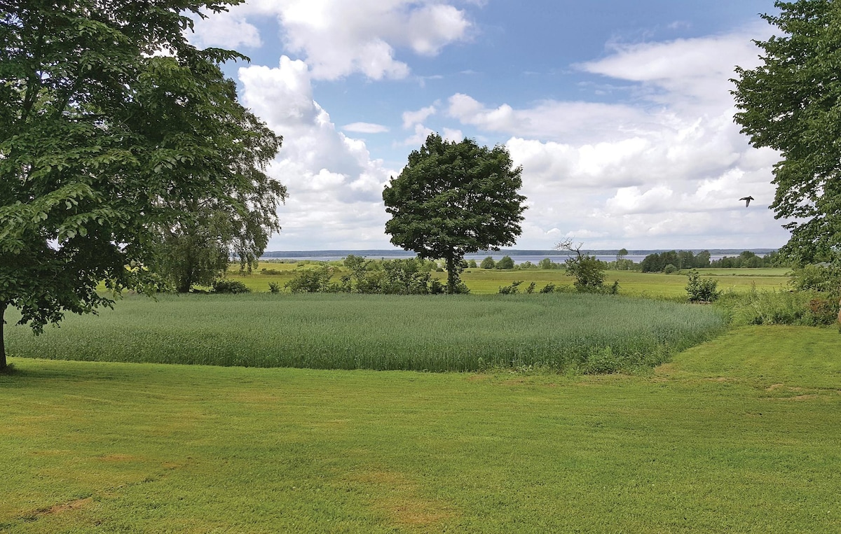 A vast green field is bordered by trees, with a solitary tree in the center. The view extends towards a calm lake visible in the distance, under a sky filled with soft clouds. The area offers a sense of tranquility and openness.