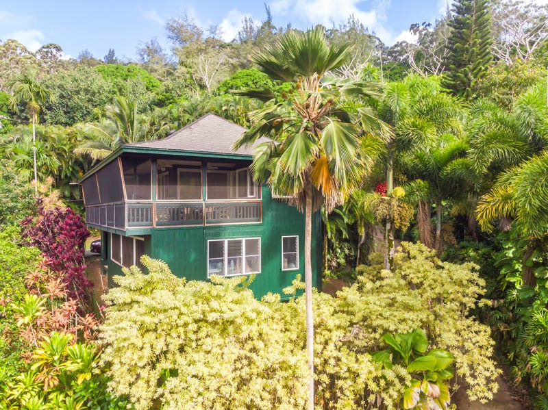 The exterior of a green plantation-style home is surrounded by lush tropical vegetation, including palm trees and vibrant flowers. A screened-in lanai wraps around the house, providing ample outdoor space for relaxation amid the natural backdrop.