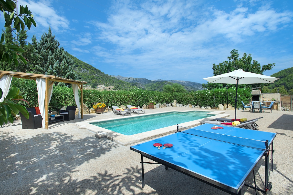 The outdoor area features a private swimming pool surrounded by sun loungers and a shaded pergola. A ping pong table is positioned nearby, with lush greenery and mountain views completing the tranquil setting.