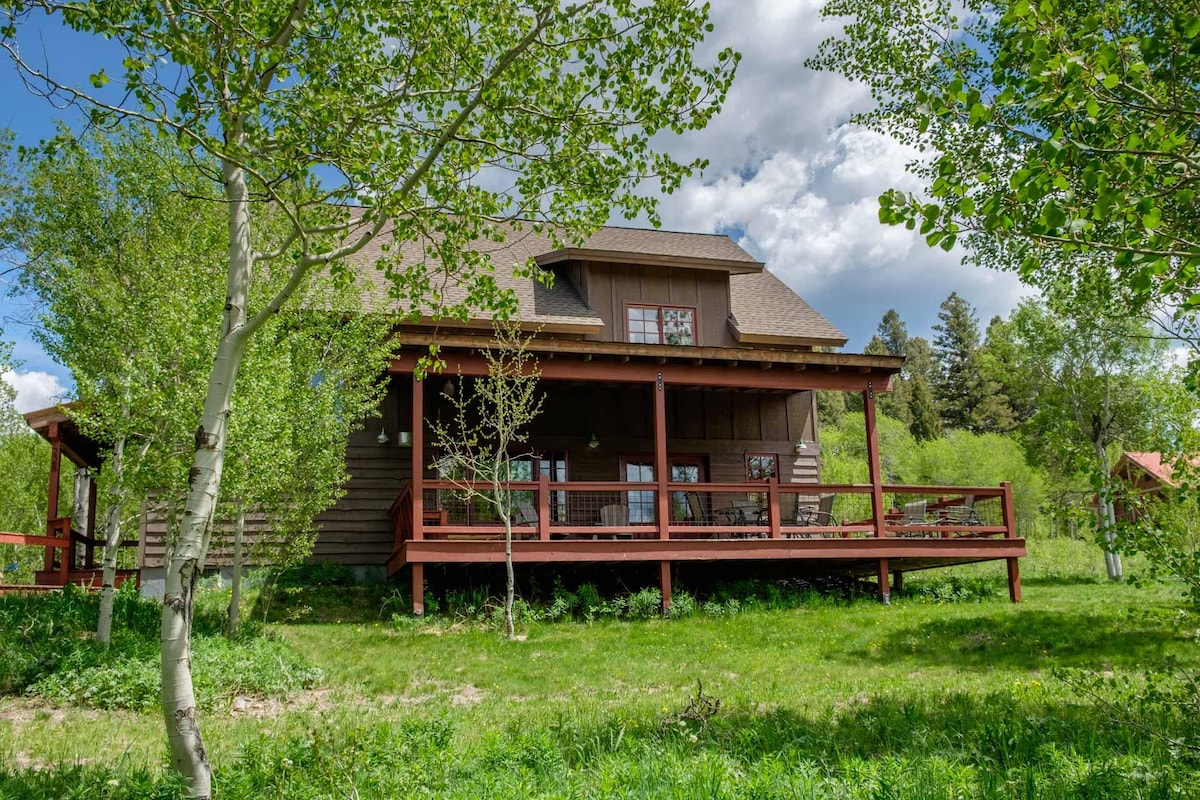 The exterior of the home features a large wrap-around deck with multiple seating areas, surrounded by lush green grass and trees. The two-story structure showcases a mix of natural wood tones and modern design, set against a backdrop of blue skies and fluffy clouds.