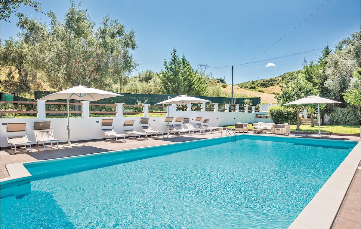 An outdoor pool surrounded by a spacious wooden deck is presented, alongside several lounge chairs and umbrellas. Lush greenery and olive trees are visible in the background, creating a serene atmosphere. The pool area is designed for relaxation, with ample space for guests.